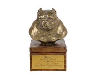 American Bully urn for dog's ashes, Urn with engraving and sculpture of a dog, Urn with dog statue and engraving, Custom urn for a dog