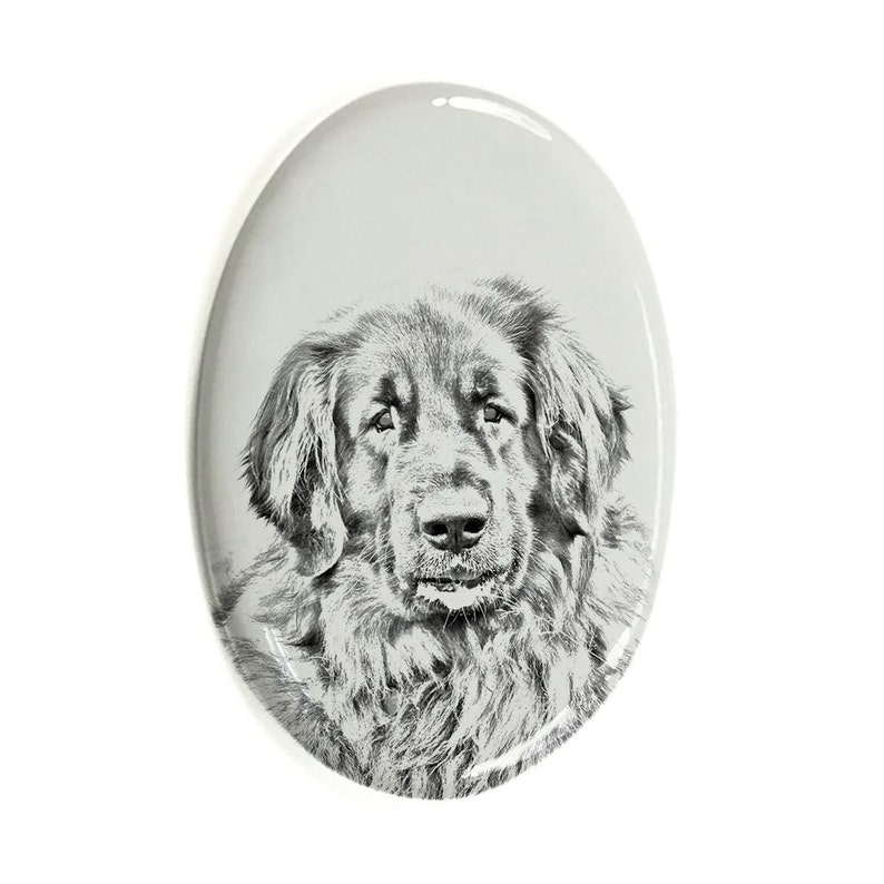 Leoneberger - Gravestone oval ceramic tile with an image of a do Leoneberger - Gravestone oval ceramic tile with an image of a do