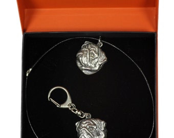 NEW, Pug, dog keyring and necklace in casket, PRESTIGE set, limited edition, ArtDog . Dog keyring for dog lovers