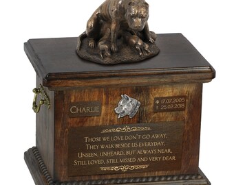 American Staffordshire Terrier mother - Exclusive Urn for dog ashes with a statue,relief and inscription. ART-DOG. Cremation box,Custom urn.