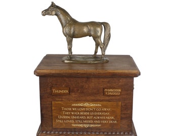 Arabian horse Big Urn for Horse Ashes, Urn with Name, Dates and Quote, Memorial with Statue on Top, Wooden Urn, Customizable Urn for horse