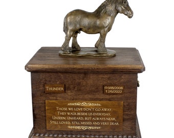 Percheron- Belgian Big Urn for Horse Ashes, Urn with Name, Dates and Quote,Memorial with Statue on Top,Wooden Urn,Customizable Urn for horse
