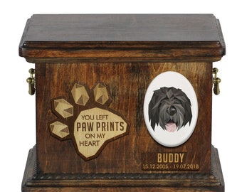 Urn for dog ashes with ceramic plate and sentence - Geometric Black Russian Terrier, ART-DOG. Cremation box, Custom urn.