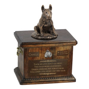 Bull Terrier sitting - Exclusive Urn for dog ashes with a statue, relief and inscription. ART-DOG. Cremation box, Custom urn.
