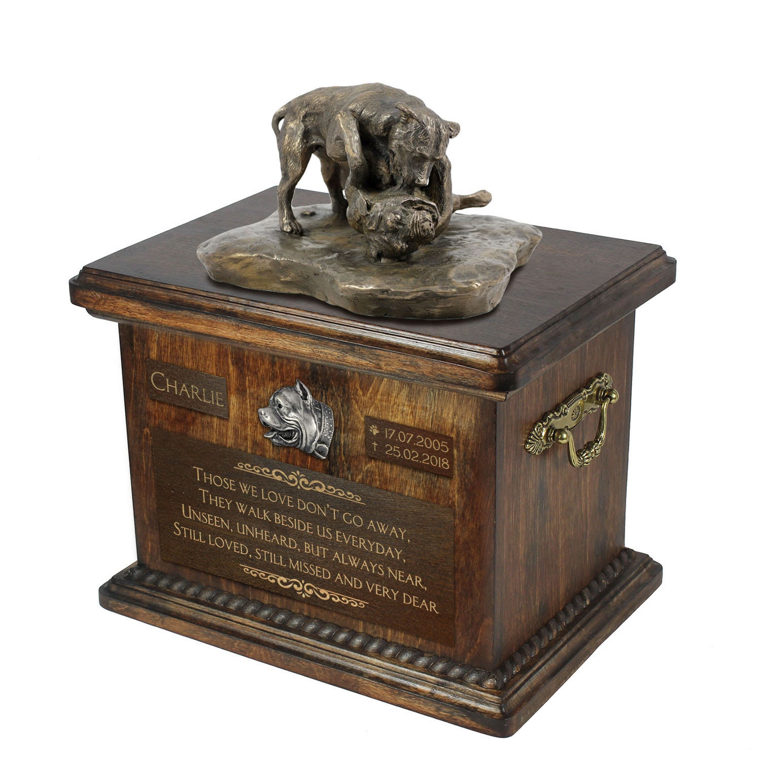 American Pit Bull Terrier Exclusive Urn for dog ashes with a statue relief and inscription. ART DOG. Cremation box Custom urn