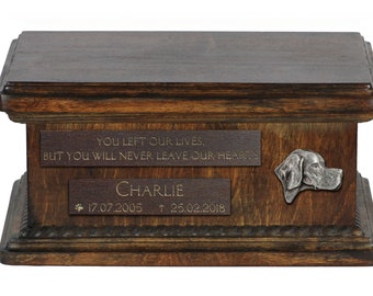 Urn for dog’s ashes with relief and sentence with your dog name and date - English Pointer, ART-DOG. Low model. Cremation box, Custom urn.