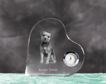 Border Terrier- crystal clock in the shape of a heart with the image of a pure-bred dog.