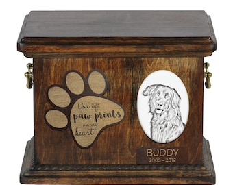 Urn for dog’s ashes with ceramic plate and description - Hovawart, ART-DOG Cremation box, Custom urn.