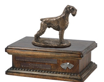 Exclusive Urn for dog ashes with a Schnauzer uncropped statue, relief and inscription. ART-DOG. New model. Cremation box, Custom urn.