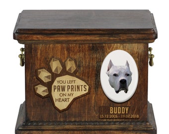 Urn for dog ashes with ceramic plate and sentence - Geometric Argentine Dogo, ART-DOG. Cremation box, Custom urn.