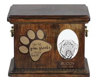 Urn for dog’s ashes with ceramic plate and description - Dogue de Bordeaux, French Mastiff, ART-DOG Cremation box, Custom urn.