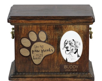 Urn for dog’s ashes with ceramic plate and description - Appenzeller, ART-DOG Cremation box, Custom urn.