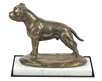 Staffordshire Bull Terrier, dog white marble base statue, limited edition, ArtDog. Made of cold cast bronze. Perfect gift. Limited edition