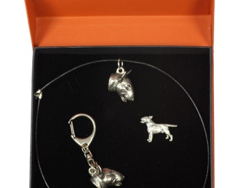 NEW, Bull Terrier, dog keyring, necklace and pin in casket, PRESTIGE set, limited edition, ArtDog . Dog keyring for dog lovers