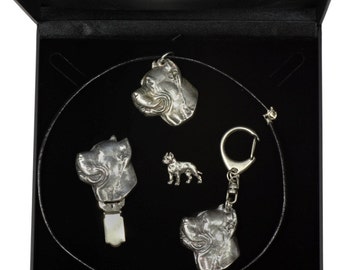 NEW, Cane Corso, dog keyring, necklace, pin and clipring in casket, DELUXE set, limited edition, ArtDog . Dog keyring for dog lovers