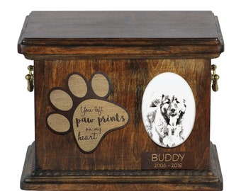 Urn for dog’s ashes with ceramic plate and description - Caucasian Shepeherd Dog, ART-DOG Cremation box, Custom urn.