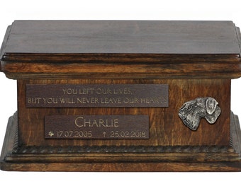 Urn for dog’s ashes with relief and sentence with your dog name and date - Cesky Terrier, ART-DOG. Low model. Cremation box, Custom urn.