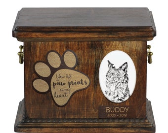 Urn for dog’s ashes with ceramic plate and description - Mudi, ART-DOG Cremation box, Custom urn.