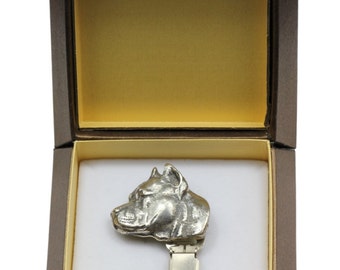 NEW, American Staffordshire Terrier, dog clipring, in casket, dog show ring clip/number holder, limited edition, ArtDog