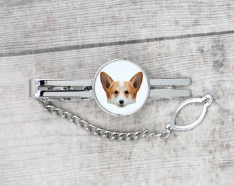 A tie tack with a Pembroke Welsh Corgi  dog. Men’s jewelry. A new collection with the geometric dog