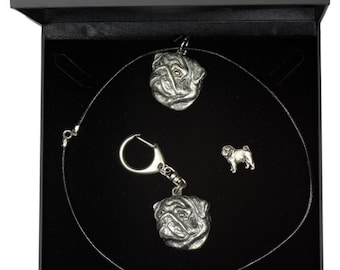 NEW, Pug, dog keyring, necklace and pin in casket, DELUXE set, limited edition, ArtDog . Dog keyring for dog lovers
