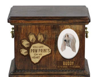 Urn for dog ashes with ceramic plate and sentence - Geometric Afghan Hound, ART-DOG. Cremation box, Custom urn.