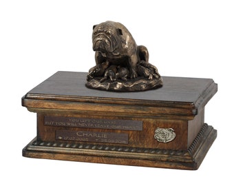 Exclusive Urn for dog ashes with a English Bulldog mother statue, relief and inscription. ART-DOG. New model. Cremation box, Custom urn.