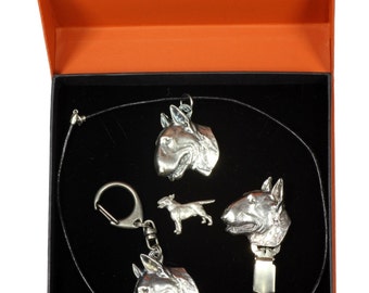 NEW, Bull Terrier, dog keyring, necklace, pin and clipring in casket, PRESTIGE set, limited edition, ArtDog . Dog keyring for dog lovers
