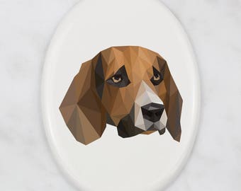 A ceramic tombstone plaque with a Beagle dog. Art-Dog geometric dog