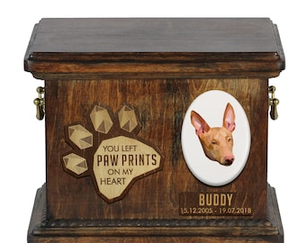 Urn for dog ashes with ceramic plate and sentence - Geometric Pharaoh Hound, ART-DOG. Cremation box, Custom urn.