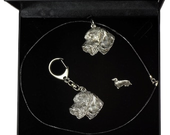 NEW, Teckel Wirehaired, dog keyring, necklace and pin in casket, DELUXE set, limited edition, ArtDog . Dog keyring for dog lovers