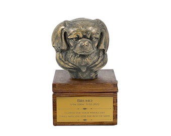 Tibetan Spaniel urn for dog's ashes, Urn with engraving and sculpture of a dog, Urn with dog statue and engraving, Custom urn for a dog