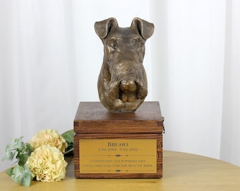 Fox terrier urn for dog's ashes, Urn with engraving and sculpture of a dog, Urn with dog statue and engraving, Custom urn for a dog