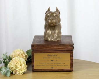 American Staffordshire Terrier urn for dog's ashes, Urn with engraving and sculpture of a dog, Urn with dog statue and, Custom urn for a dog