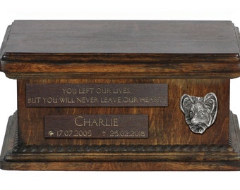 Urn for dog’s ashes with relief and sentence with your dog name and date - Papillon, ART-DOG. Low model. Cremation box, Custom urn.