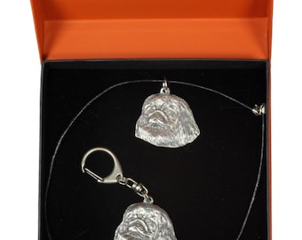 NEW, Pekingese, dog keyring and necklace in casket, PRESTIGE set, limited edition, ArtDog . Dog keyring for dog lovers