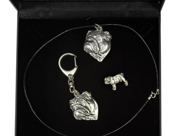 NEW, English Bulldog, dog keyring, necklace and pin in casket, DELUXE set, limited edition, ArtDog . Dog keyring for dog lovers