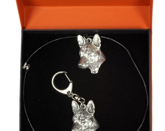 NEW, Basenji, dog keyring and necklace in casket, PRESTIGE set, limited edition, ArtDog . Dog keyring for dog lovers