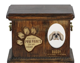 Urn for dog ashes with ceramic plate and sentence - Geometric Shih Tzu, ART-DOG. Cremation box, Custom urn.