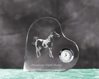 American Paint Horse - crystal clock in the shape of a heart with the image of a pure-bred horse.