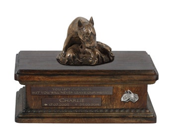 Exclusive Urn for dog ashes with a Bull Terrier mother statue, relief and inscription. ART-DOG. New model. Cremation box, Custom urn.