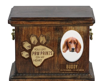 Urn for dog ashes with ceramic plate and sentence - Geometric Setter, ART-DOG. Cremation box, Custom urn.