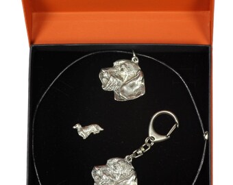 NEW, Teckel Wirehaired, dog keyring, necklace and pin in casket, PRESTIGE set, limited edition, ArtDog . Dog keyring for dog lovers