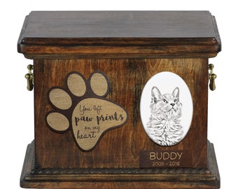 Urn for cat ashes with ceramic plate and sentence - Nebelung, ART-DOG Cremation box, Custom urn.
