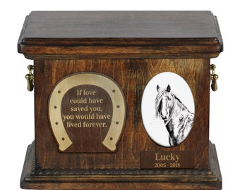 Urn for horse ashes with ceramic plate and sentence - Canadian horse, ART-DOG. Cremation box, Custom urn.