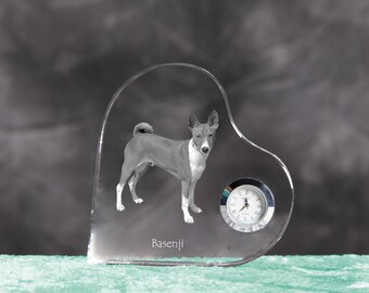 Basenji- crystal clock in the shape of a heart with the image of a pure-bred dog.