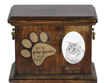 Urn for cat ashes with ceramic plate and sentence - Kurilian Bobtail longhaired, ART-DOG Cremation box, Custom urn.