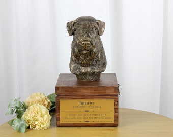 Wheaten Terrier urn for dog's ashes, Urn with engraving and sculpture of a dog, Urn with dog statue and engraving, Custom urn for a dog