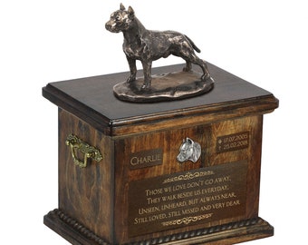 American Staffordshire Terrier cropped- Exclusive Urn for dog ashes with a statue,relief and inscription. ART-DOG. Cremation box,Custom urn.