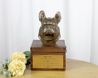 French Bulldog urn for dog's ashes, Urn with engraving and sculpture of a dog, Urn with dog statue and engraving, Custom urn for a dog